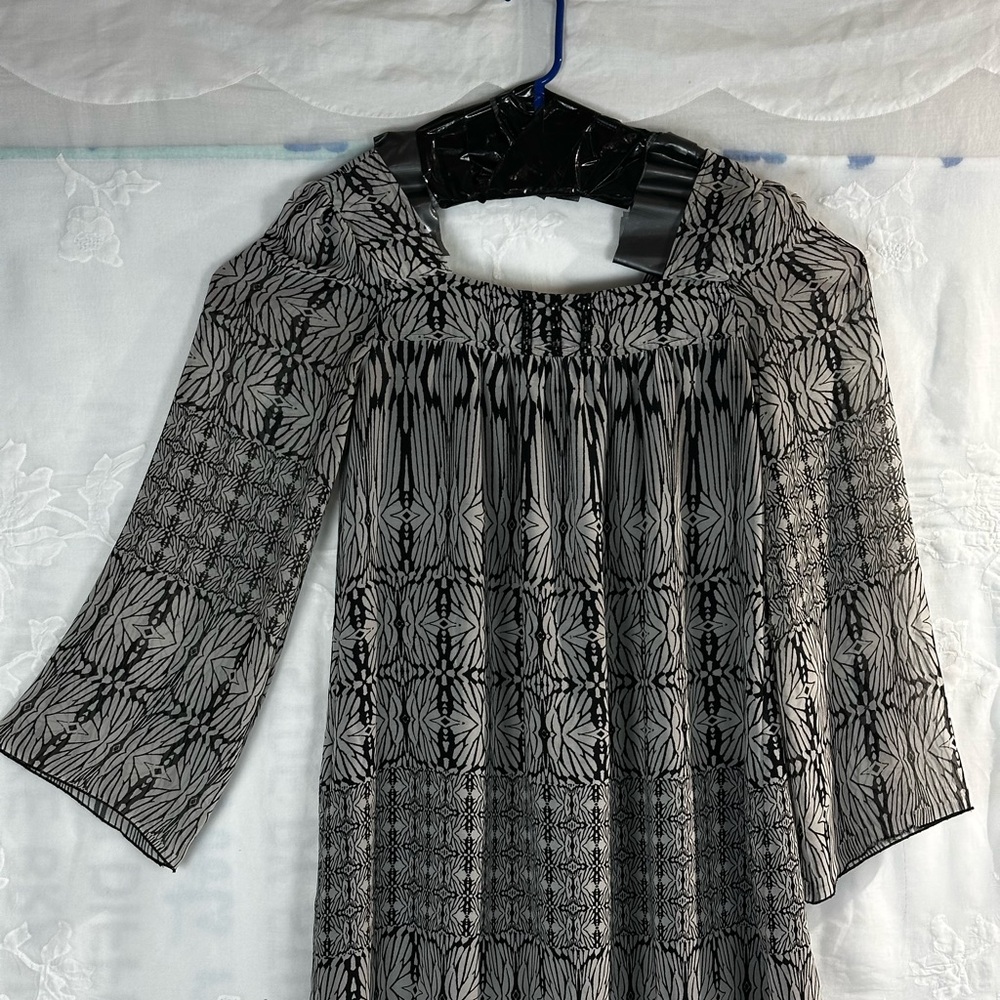 One World Sheer Chiffon Babydoll Tunic Top – Black & Gray Print, Size S - Picture 12 of 14